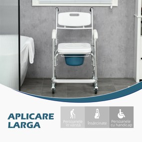 HOMCOM Scaun WC 3 în 1 Pliabil cu Rotile Pivotante, Vas Detașabil și Înălțime Reglabilă, 54x68-84x95 cm, Alb | Aosom Romania