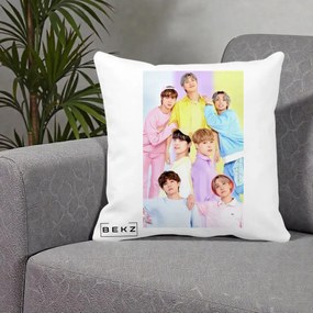 Perna Personalizata K-pop BTS Foto Grup Pastel Colorat cu 7 Membrii, 40x40 cm, Alba Mata, Husa Detasabila, Perna Inclusa, BEKZ®