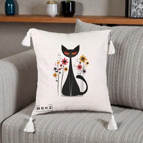 Perna Decorativa Pisica Neagra Ochi Rosii Flori, 40x40 cm, Bej cu Franjuri, Husa Detasabila, Perna Inclusa, BEKZ®