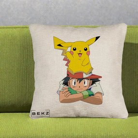 Perna Personalizata Ash si Pikachu, 40x40 cm, Bej Canapea, Husa Detasabila, Perna Inclusa, BEKZ®