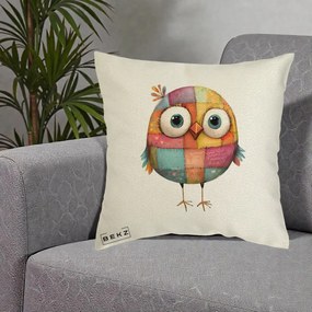 Perna Decorativa Pasare Patchwork Colorata, 40x40 cm, Ecru, Husa Detasabila, Perna Inclusa, BEKZ®