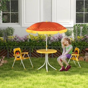 Outsunny Set mobilier de grădină pentru copii 4 piese motiv de leu cu umbrelă reglabilă Ø 100 cm scaun pliabil galben | Aosom Romania