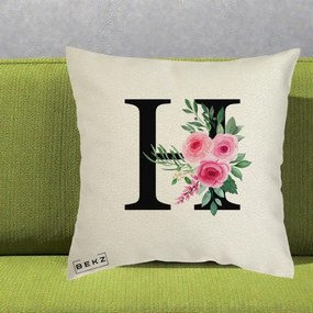Cadou Personalizat - Perna Personalizata Monograma Florala Litera H cu Trandafiri Roz, 40x40 cm, Ecru, Husa Detasabila, Perna Inclusa, BEKZ®