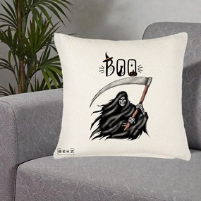 Perna Decorativa Halloween Boo Grim Reaper cu Coasa, 40x40 cm, Crem Reliefat, Husa Detasabila, Perna Inclusa, BEKZ®