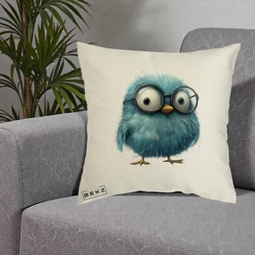 Perna Decorativa Pui Pufos Teal cu Ochelari, 40x40 cm, Ecru, Husa Detasabila, Perna Inclusa, BEKZ®