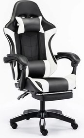 Scaun gaming, Masaj în perna lombară, Rabatabil 90-145°, Suport picioare, piele PU, Negru/Alb