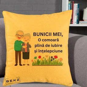 Cadou pentru Bunici - Perna Personalizata Bunicii Mei Comoara Cuplu Senior cu Flori Colorat, 40x40 cm, Galben, Husa Detasabila, Perna Inclusa, BEKZ®