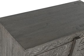 Bufet din lemn de mango, gri, cu 2 uși sculptate manual și zăvor din lemn, finisaj periat, 90 x 91,5 x 40 cm, „Arvane”