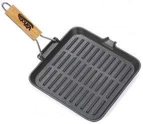 Tigaie grill fonta pura cu maner lemn detasabil  23x2 cm