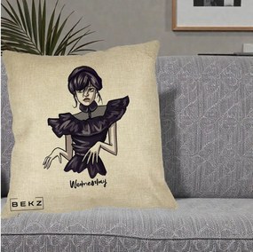 Perna Personalizata Wednesday Addams Dans Gotic, 40x40 cm, Crem, Husa Detasabila, Perna Inclusa, BEKZ®