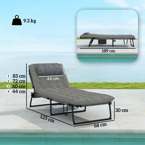 Outsunny Sezlong pliabil cu spatar inclinabil pe 4 nivele, Scaun de plaja pentru exterior cu perna, buzunar lateral,tetiera, Gri