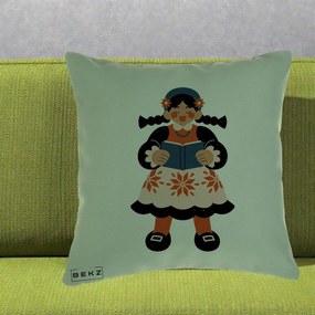 Perna Personalizata Fetita cu Carte Ilustratie Folk, 40x40 cm, Verde, Husa Detasabila, Perna Inclusa, BEKZ®