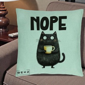 Perna Decorativa NOPE Pisica Neagra Cafea, 40x40 cm, Verde Menta, Husa Detasabila, Perna Inclusa, BEKZ®