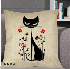 Perna Decorativa Pisica Neagra Grafica Flori Rosii, 40x40 cm, Crem, Husa Detasabila, Perna Inclusa, BEKZ®