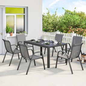 Outsunny Set Masă și Scaune de Grădină 7 Piese, Set Prânz Exterior cu Masă Dreptunghiulară, 6 Scaune Stivuibile din Textilenă, Set Mobilier de Grădină pentru Terasă, Balcon, Patio, Gri Deschis | Aosom Romania