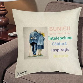 Cadou pentru Bunici - Perna Personalizata Bunicii Sursa Intelepciune Caldura Acuarela, 40x40 cm, Ecru, Husa Detasabila, Perna Inclusa, BEKZ®