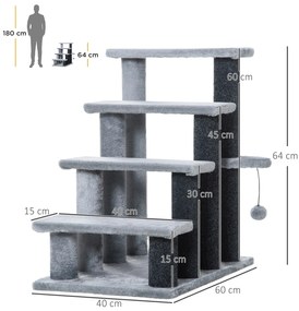 PawHut Scara pentru pisici cu 4 trepte Haustiertreppe cu coloane pentru zgâriere Minge Scara pentru câini Scara pentru animalele de companie pentru pisici de până la 5 kg Pluș Iută Gri 60 x 40 x 64 cm | Aosom Romania