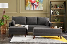 Coltar Modular pe Stanga cu Taburet, Cadru Lemn de Brad, Bella Mini, Gri Antracit