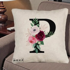 Cadou Personalizat - Perna Personalizata Monograma Florala Litera P, 40x40 cm, Bej Canapea, Husa Detasabila, Perna Inclusa, BEKZ®