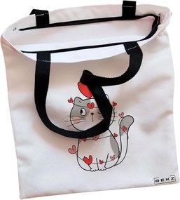 Sacosa de Panza pentru Cumparaturi, Geanta Tote, model Kitty Love, Cu fermoar, 38x34.5 cm, Alba, BEKZ®