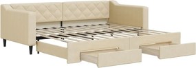 vidaXL Pat de zi cu extensie și sertare, crem, 90x200 cm, textil