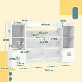 AIYAPLAY Dulap depozitare copii, etajeră pentru jucării cu 8 cutii detașabile, 140 x 30 x 90 cm, alb | Aosom Romania