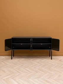Consolă hol în stil eclectic, din metal și sticlă, negru, cu 4 uși din sticlă fumurie și mânere aurii, 82 x 138 x 38 cm, „Ashbury”