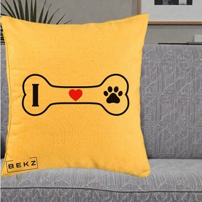 Perna Personalizata I Love Dog Os si Labuta, 40x40 cm, Galben, Husa Detasabila, Perna Inclusa, BEKZ®