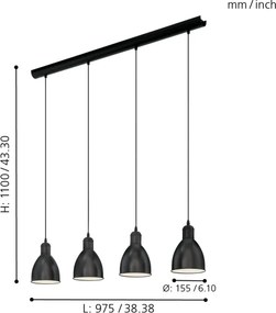 Eglo 55244 - Candelabru suspendat pe cablu PRIDDY 4xE27/60W/230V negru