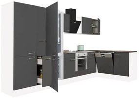 Dulap de bucătărie de colț Yorki 370, corp alb, față antracit satinat, element cuptor inferior, dulap cu raft, frigider congelator inferior