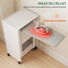 HOMCOM Dulap Masă de Călcat Pliabil cu Roți și Suport pentru Fier de Călcat, Dulap de Călcat Multifuncțional cu Rafturi, Compartiment Deschis, pentru Spălătorie, Baie, 154x55x87 cm, Alb | Aosom Romania