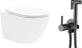 Pachet vas wc suspendat Rea Carlo Mini, capac softclose si set dus igiena intima negru cu baterie incastrata Invena Bidetta
