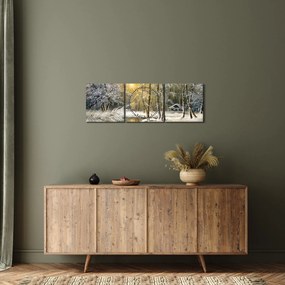 Tablou - Cabană în pădure, pictură în uei (cu ceas) (90x30 cm)