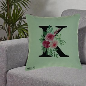 Cadou Personalizat - Perna Personalizata Monograma Florala Litera K, 40x40 cm, Verde, Husa Detasabila, Perna Inclusa, BEKZ®
