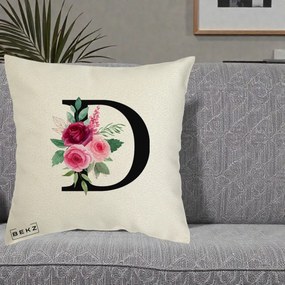 Cadou Personalizat - Perna Personalizata Monograma Florala Litera D, 40x40 cm, Ecru, Husa Detasabila, Perna Inclusa, BEKZ®