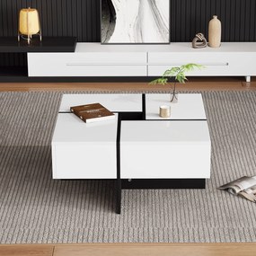 Elegantă măsuță de cafea lucioasă cu 4 sertare, compartiment de depozitare integrat, 70×70×35 cm, Alb+Negru