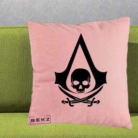 Perna Personalizata Assassin's Creed Black Flag Skull, 40x40 cm, Roz, Husa Detasabila, Perna Inclusa, BEKZ®