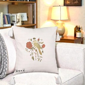 Perna Decorativa Pasare pe Ramura cu Maci, 40x40 cm, Bej cu Franjuri, Husa Detasabila, Perna Inclusa, BEKZ®