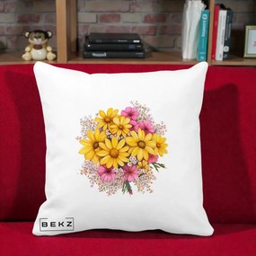 Perna Decorativa Floarea-Soarelui cu Cosmos Roz si Gypsophila, 40x40 cm, Alba Mata, Husa Detasabila, Perna Inclusa, BEKZ®
