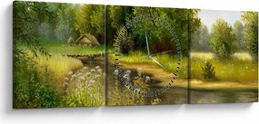 Tablou - Râu lângă pădure, pictură în ulei (cu ceas) (90x30 cm)