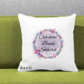 Cadou pentru Soacra - Perna Personalizata Cea mai Buna Soacra cu Coronita Flori Roz si Mov, 40x40 cm, Alba Mata, Husa Detasabila, Perna Inclusa, BEKZ®