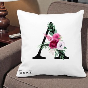 Cadou Personalizat - Perna Personalizata Monograma Florala Litera A, 40x40 cm, Alba Mata, Husa Detasabila, Perna Inclusa, BEKZ®