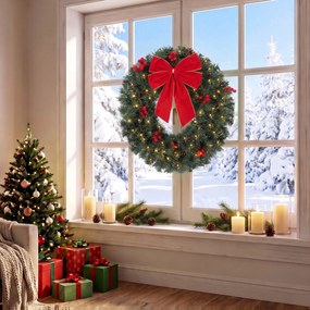 HOMCOM Coroniță de Crăciun de 60 cm cu Lumini LED, Conuri de Brad și Bobițe, Verde | Aosom Romania