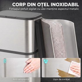 HOMCOM Coș de gunoi dreptunghiular 60L din oțel inoxidabil cu capac, închidere amortizată, fixare sac, argintiu | Aosom Romania
