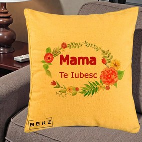 Cadou pentru Mama - Perna Personalizata Mama Te Iubesc Flori Rosii, 40x40 cm, Galben, Husa Detasabila, Perna Inclusa, BEKZ®
