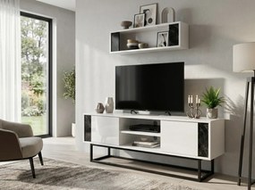 Comoda TV CLARA 160 cm cu polita de perete, alb/marmura neagra
