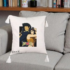 Perna Personalizata Cowboy Bebop Spike si Faye Poster, 40x40 cm, Bej cu Franjuri, Husa Detasabila, Perna Inclusa, BEKZ®