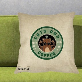 Perna Personalizata Cats and Coffee Starbucks, 40x40 cm, Crem, Husa Detasabila, Perna Inclusa, BEKZ®