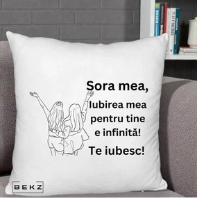 Cadou pentru Sora - Perna Personalizata Sora Mea Te Iubesc Line Art Doua Fete cu Brate Ridicate, 40x40 cm, Alb Pufos, Husa Detasabila, Perna Inclusa, BEKZ®