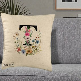 Cadou Personalizat - Perna Personalizata Monogram Litera T cu Flori Acuarela, 40x40 cm, Bej, Husa Detasabila, Perna Inclusa, BEKZ®
